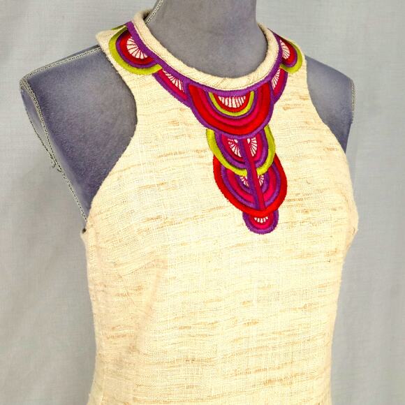 Trina Turk Dress Womens 6 Beige Silk Tweed Embroidered Neckline Racerback Lined - Picture 8 of 16